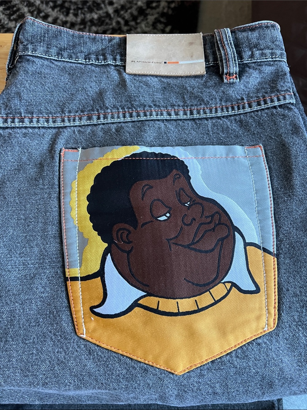 FUBU black Denim shorts with Graphic Back Pocket Fat Albert on back sz 48
